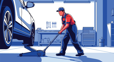 Mechanic changing tires in professional auto repair shop with clean tools. Ideal for garage services, maintenance visuals, car repair ads, and automotive illustrations