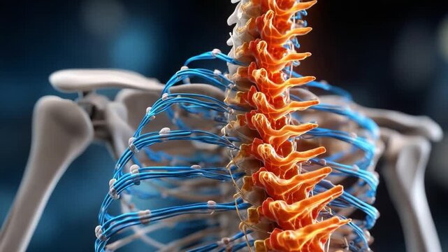 Human Spine Anatomy: A detailed, artistic representation of the human spine and ribcage, highlighting the intricacies of the skeletal system. An educational visual for medical and scientific purposes