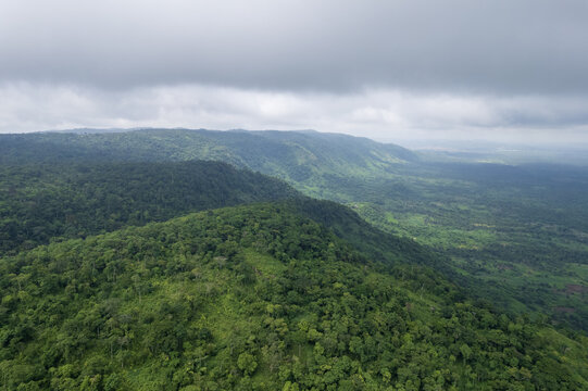 Aerial view of a vast expanse of lush green forest blanketing rolling hills under a moody, overcast sky, creating a serene yet dramatic landscape. Erin Ijesa, Osun state, Nigeria.