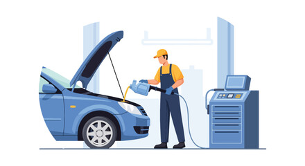 Mechanic performing oil change beneath lifted car in clean garage. Ideal for maintenance ads, auto repair visuals, service promotions, and mechanical illustrations