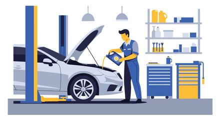 Mechanic performing oil change beneath lifted car in clean garage. Ideal for maintenance ads, auto repair visuals, service promotions, and mechanical illustrations