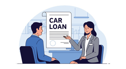 Customer discussing car financing options with advisor at dealership office. Ideal for financial services, auto loans, car buying guides, and dealership marketing