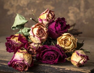 A bouquet of wilted roses in hues of faded red and yellow on weathered wood against a mottled background