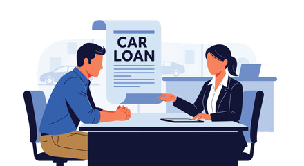 Customer discussing car financing options with advisor at dealership office. Ideal for financial services, auto loans, car buying guides, and dealership marketing