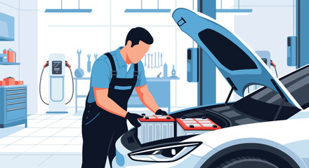 Mechanic installing new car battery inside modern garage. Ideal for maintenance ads, automotive service content, repair shop visuals, and mechanic illustrations