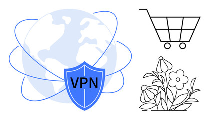 Earth with VPN shield for secure browsing, shopping cart for e-commerce, and flowers for nature. Ideal for online security, global business, privacy, shopping, technology, gardening