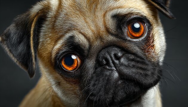 Charming Close-Up of a Fawn Pug Dog with Adorable Facial Features on a Plain Gray Background - Powered by Adobe