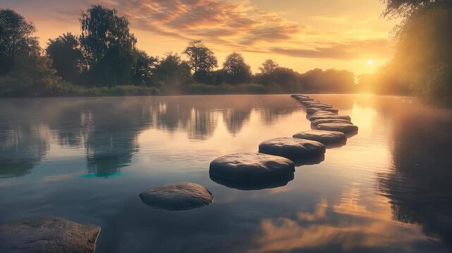 Stone path crossing a misty river with the morning sun reflecting on the serene water surface