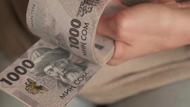 Kyrgyzstan som money holding. Woman hands counting a stack of banknotes. Kyrgyz KGS paper cash. Concept of income, success, business, tax, economy and finance