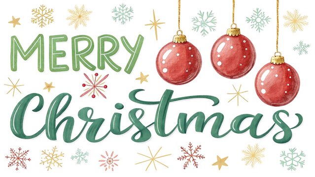 Merry christmas handlettered greeting with festive red bauble ornaments and sparkling snowflakes, perfect for holiday cards, banners, and seasonal designs, isolated on white background