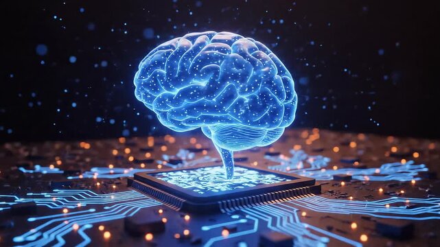 Abstract rendering of the human brain merging with a powerful computer chip illustrating complex technological integration and innovation
