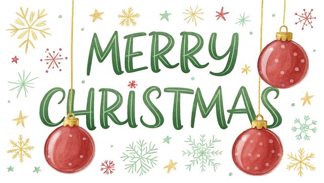 Merry christmas greeting with red bauble ornaments and colorful snowflakes, festive holiday season design isolated on white background