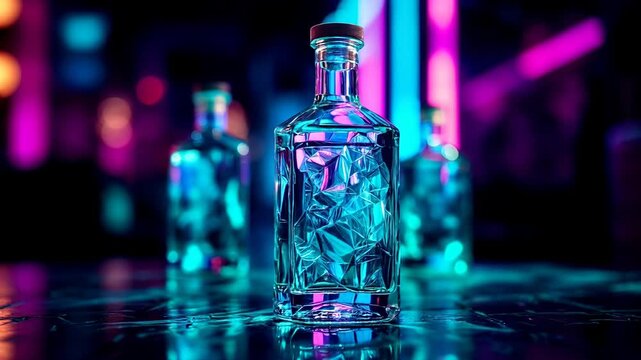 Glamorous liquor bottle sitting on a bar counter with vibrant blue and purple neon reflections