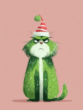 Grumpy green cat wearing a Santa hat with a pink background.