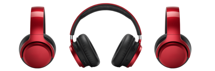 Red overear headphone views isolated on transparent background