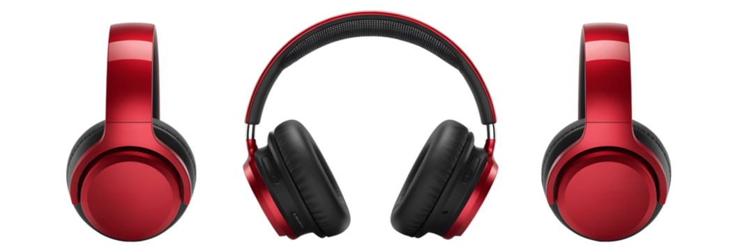 Red overear headphone views isolated on transparent background