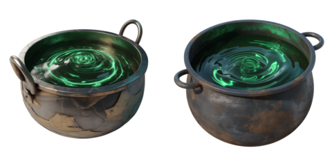 Two cauldrons with glowing green potion isolated on transparent background