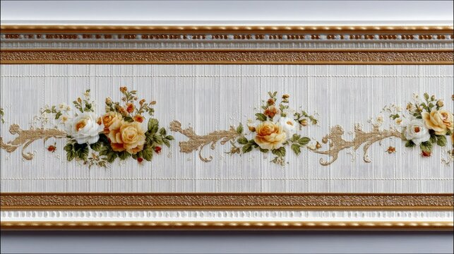 A decorative wallpaper border featuring a repeating pattern of yellow and white roses, green leaves, and gold scrollwork on a textured white background. The bor