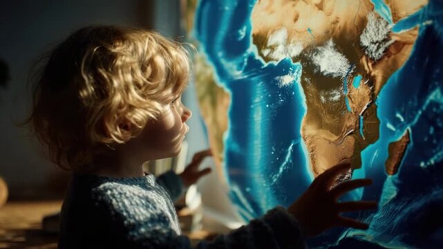 A young child touching a glowing blue world map on the wall, exploring the continents.