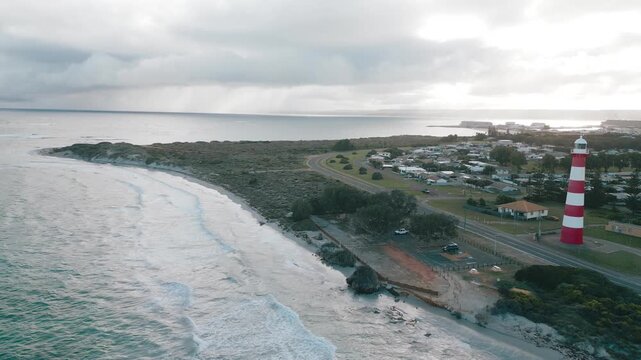 Cinematic drone footage of the Indian Ocean and Point Moore Lighthouse in the southern tip of Geraldton in Perth, Western Australia
