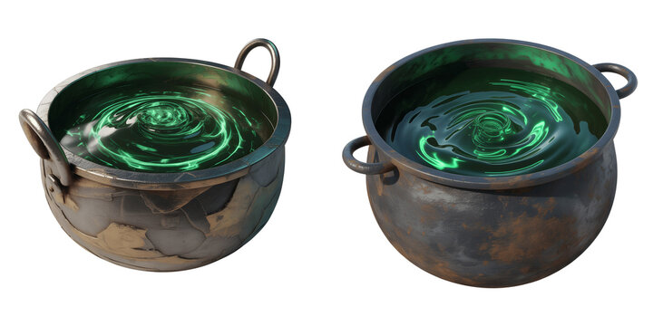 Two cauldrons with glowing green potion isolated on transparent background