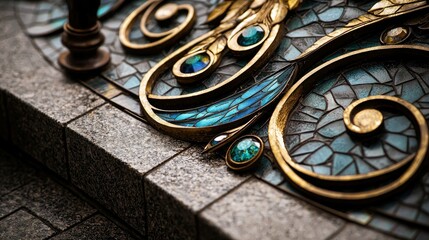 Close-up of an ornate decorative element featuring gold filigree, vibrant blue mosaic tiles, and sparkling gemstones, set against a textured stone background.