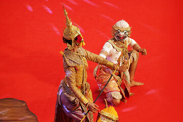 Thai Masked Dance KHON, UNESCO intangible cultural heritage of Humanity, Performing the Scene of Hanuman, the Monkey Warrior Bows to Phra Lak