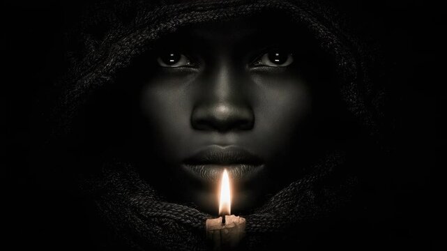 Dark-skinned person in a hooded cloak, face softly illuminated by a single candle held near their lips in the darkness.
