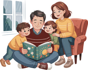 Family reading together, cozy indoor scene, rainy day bonding, storytelling moment, parent-child love, warm atmosphere, cartoon style, shared activity, joy, learning
