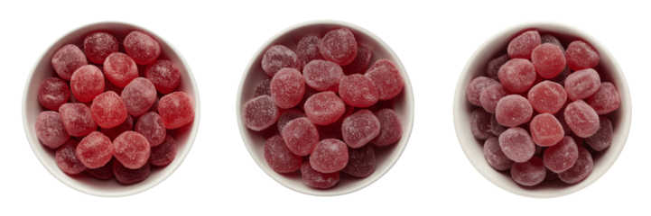 Three bowls of red gummy candy isolated on white isolated on transparent background