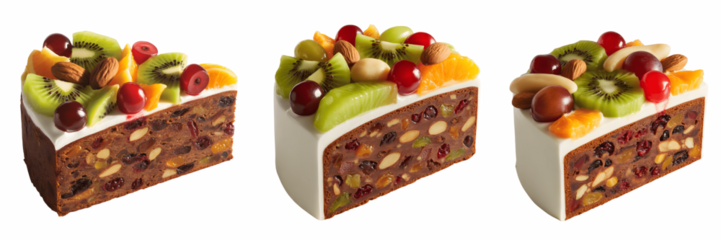 Three slices of fruit cake isolated on transparent background