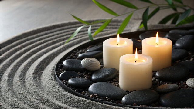 A decorative photo of a zen like arrangement with glowing candles on black pebbles.
- Powered by Adobe