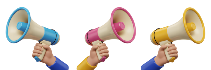 Three megaphones held by hands isolated on white isolated on transparent background