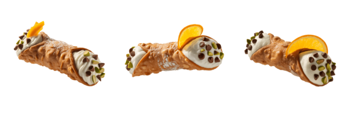Three cannoli pastries isolated on transparent background