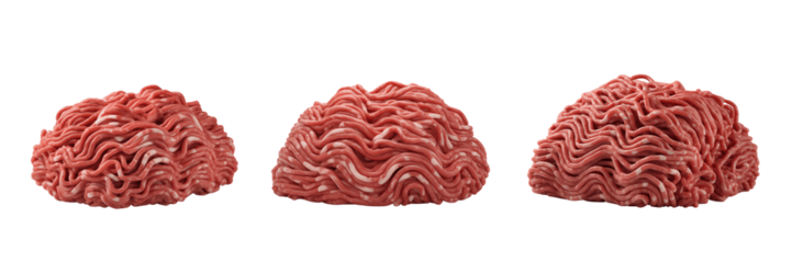 Three mounds of raw ground beef isolated on white isolated on transparent background