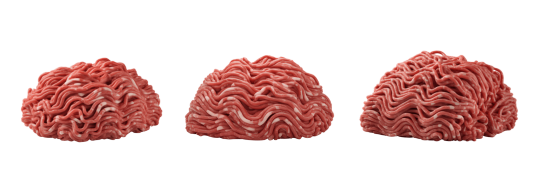 Three mounds of raw ground beef isolated on white isolated on transparent background