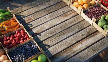 Wooden crates brimming with fresh produce vibrant fruits and vegetables displayed on rustic wood. Ideal for healthy eating, farmers market, or seasonal themes.