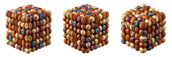 Cubes of mixed nuts isolated on transparent background