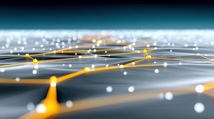 An abstract digital visualization of interconnected nodes and glowing lines, representing data flow and network connections in a futuristic, technological lands
