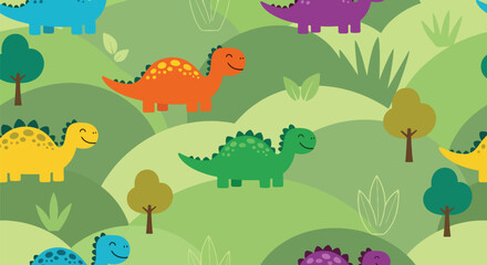 Seamless forest pattern featuring friendly dinosaurs walking among plants and leaves. Ideal for kids’ textiles, prints, wallpapers, and educational designs