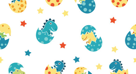 Seamless pattern of baby dinosaurs hatching from eggs with stars and small decorative shapes. Ideal for nursery prints, kids’ fabrics, and playful backgrounds