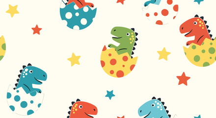 Seamless pattern of baby dinosaurs hatching from eggs with stars and small decorative shapes. Ideal for nursery prints, kids’ fabrics, and playful backgrounds