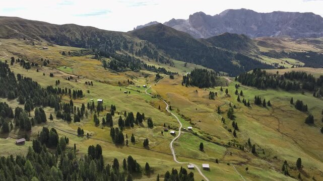 .Alpine meadows in the Dolomites from a bird's-eye view. A path winds through the meadows. Small houses are scattered across the meadows.