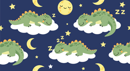 Calming seamless pattern of sleepy dinosaurs resting on clouds with stars and moons. Ideal for nursery decorations, pajamas, baby prints, and soft children’s themes