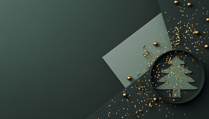 Elegant Christmas tree scene with festive confetti and golden ornaments, perfect for a stylish holiday greeting or seasonal promotion this winter