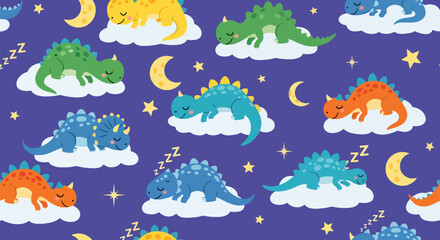 Calming seamless pattern of sleepy dinosaurs resting on clouds with stars and moons. Ideal for nursery decorations, pajamas, baby prints, and soft children’s themes