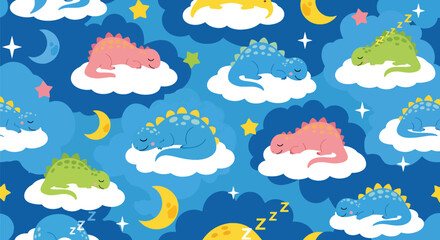 Calming seamless pattern of sleepy dinosaurs resting on clouds with stars and moons. Ideal for nursery decorations, pajamas, baby prints, and soft children’s themes
