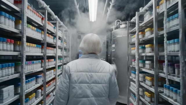 Senior Woman Enters a Cold Storage Warehouse With -80 Degree Celsius
