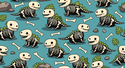 Seamless cartoon pattern featuring cute dinosaur skeletons and bones. Ideal for kids’ designs, playful educational themes, and prehistoric-themed merchandise