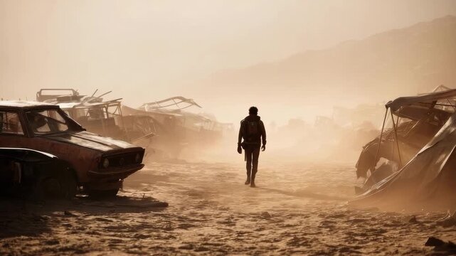A lone figure walks through a dusty desert scrapyard of rusting cars and tents in a desolate, post-apocalyptic landscape.